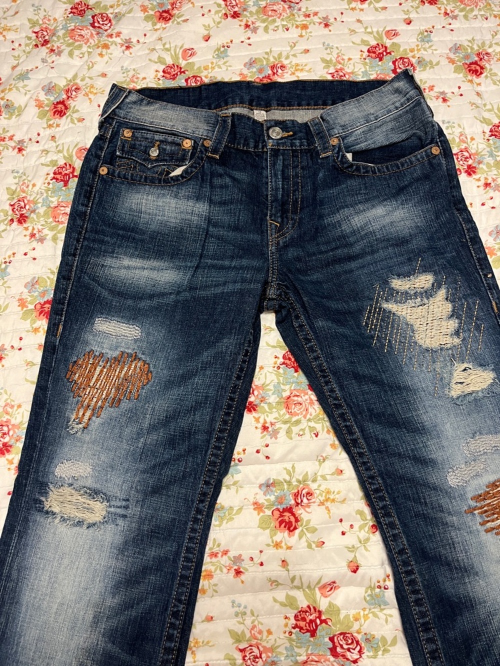 True Religion Men’s Dark Blue Distressed Relaxed Jeans
